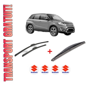 Set 3 stergatoare SUZUKI VITARA (LY) din 2015, pentru parbriz si luneta fata si spate auto, Bosch Twin, din cauciuc siliconat rezistent, 4 Stickere Auto SUZUKI