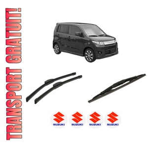 Set 3 stergatoare SUZUKI WAGON R (MH21, MH22) din 2003-2005, pentru parbriz si luneta fata si spate auto, Bosch Twin-Aerotwin Retrofit, din cauciuc siliconat rezistent, 4 Stickere Auto SUZUKI