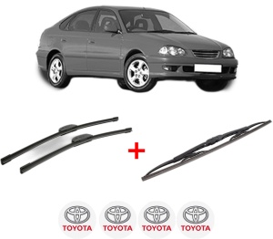 Set 3 stergatoare TOYOTA AVENSIS Liftback (_T22_) din 1997 - 2003, pentru parbriz si luneta fata si spate auto, Bosch Twin, din cauciuc siliconat rezistent, 4 Stickere Auto TOYOTA v9185