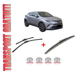 Set 3 stergatoare TOYOTA C-HR VAN (_X1_) din 2016, pentru parbriz si luneta fata si spate auto, Bosch Twin, din cauciuc siliconat rezistent, 4 Stickere Auto TOYOTA