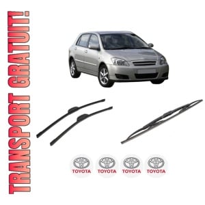 Set 3 stergatoare TOYOTA COROLLA (_E12_) din 2001-2007, pentru parbriz si luneta fata si spate auto, Bosch Twin-Aerotwin Retrofit, din cauciuc siliconat rezistent, 4 Stickere Auto TOYOTA