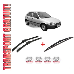 Set 3 stergatoare TOYOTA STARLET (_P9_) din 1996 - 1999, pentru parbriz si luneta fata si spate auto, Bosch Twin, din cauciuc siliconat rezistent, 4 Stickere Auto TOYOTA