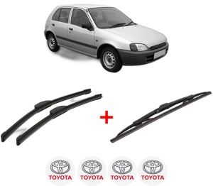 Set 3 stergatoare TOYOTA STARLET (_P9_) din 1996 - 1999, pentru parbriz si luneta fata si spate auto, Bosch Twin, din cauciuc siliconat rezistent, 4 Stickere Auto TOYOTA v9785