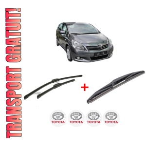 Set 3 stergatoare TOYOTA VERSO VAN (_R2_) din 2009 - 2018, pentru parbriz si luneta fata si spate auto, Bosch Twin, din cauciuc siliconat rezistent, 4 Stickere Auto TOYOTA