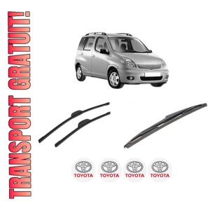 Set 3 stergatoare TOYOTA YARIS VERSO (_P2_) din 1999-2005, pentru parbriz si luneta fata si spate auto, Bosch Twin-Aerotwin Retrofit, din cauciuc siliconat rezistent, 4 Stickere Auto TOYOTA