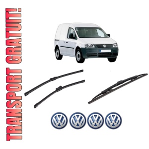 Set 3 stergatoare Volkswagen CADDY III MPV (2KB, 2KJ, 2CB, 2CJ) din 2004-2015, pentru parbriz si luneta fata si spate auto, Bosch Twin-Aerotwin, din cauciuc siliconat rezistent, 4 Stickere Auto Volkswagen