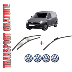 Set 3 stergatoare Volkswagen CADDY IV MPV (SAB, SAJ) din 2015 - 2020, pentru parbriz si luneta fata si spate auto, Valeo Silencio Xtrm, din cauciuc siliconat rezistent, 4 Stickere Auto VW