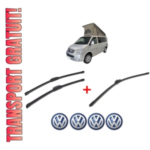 Set 3 stergatoare Volkswagen CALIFORNIA T5 Camper (7EC, 7EF, 7EG, 7HF, 7HC) din 2007 - 2015, pentru parbriz si luneta fata si spate auto, Bosch Aerotwin, din cauciuc siliconat rezistent, 4 Stickere Auto VW