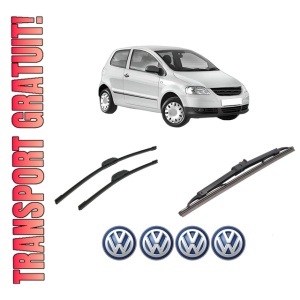 Set 3 stergatoare Volkswagen FOX Hatchback (5Z1, 5Z3, 5Z4) din 2005-2011, pentru parbriz si luneta fata si spate auto, Bosch Twin-Aerotwin Retrofit, din cauciuc siliconat rezistent, 4 Stickere Auto Volkswagen