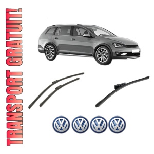 Set 3 stergatoare Volkswagen GOLF ALLTRACK VII Variant (BA5, BV5) din 2014-2020, pentru parbriz si luneta fata si spate auto, Bosch Aerotwin-Aerotwin, din cauciuc siliconat rezistent, 4 Stickere Auto Volkswagen