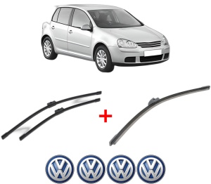 Set 3 stergatoare Volkswagen GOLF V (1K1) din 2003 - 2009, pentru parbriz si luneta fata si spate auto, Bosch Aerotwin, din cauciuc siliconat rezistent, 4 Stickere Auto VW v7205