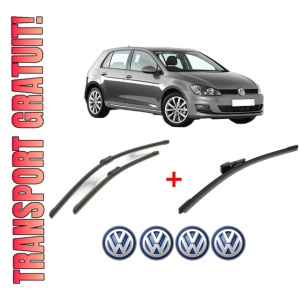 Set 3 stergatoare Volkswagen GOLF VII (5G1, BQ1, BE1, BE2) din 2012 - 2021, pentru parbriz si luneta fata si spate auto, Bosch Aerotwin, din cauciuc siliconat rezistent, 4 Stickere Auto VW