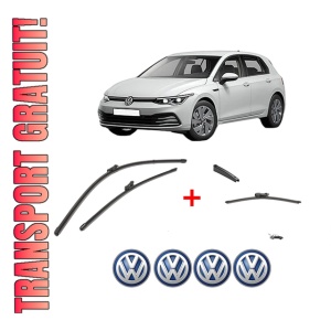 Set 3 stergatoare Volkswagen GOLF VIII (CD1, DA1) din 2019, pentru parbriz si luneta fata si spate auto, Valeo Silencio, din cauciuc siliconat rezistent, 4 Stickere Auto VW