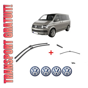 Set 3 stergatoare Volkswagen MULTIVAN T5 (7HM, 7HN, 7HF, 7EF, 7EM, 7EN) din 2003 - 2015, pentru parbriz si luneta fata si spate auto, Valeo Silencio, din cauciuc siliconat rezistent, 4 Stickere Auto VW