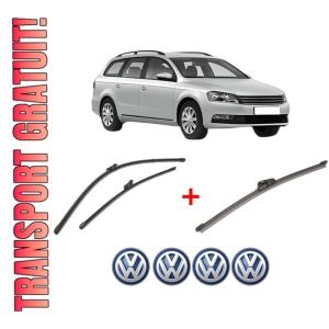 Set 3 stergatoare Volkswagen PASSAT B7 Variant (365) din 2010 - 2015, pentru parbriz si luneta fata si spate auto, Valeo Silencio Xtrm, din cauciuc siliconat rezistent, 4 Stickere Auto VW