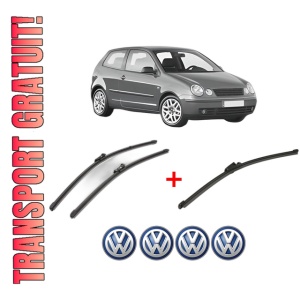 Set 3 stergatoare Volkswagen POLO IV (9N_, 9A_) din 2001 - 2009, pentru parbriz si luneta fata si spate auto, Valeo Silencio Xtrm, din cauciuc siliconat rezistent, 4 Stickere Auto VW