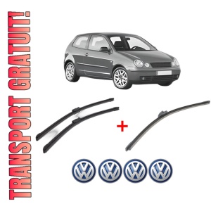 Set 3 stergatoare Volkswagen POLO IV (9N_, 9A_) din 2001 - 2009, pentru parbriz si luneta fata si spate auto, Bosch Aerotwin, din cauciuc siliconat rezistent, 4 Stickere Auto VW