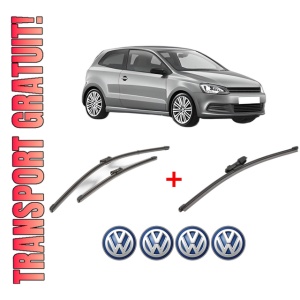 Set 3 stergatoare Volkswagen POLO V (6R1, 6C1) din 2009 - 2022, pentru parbriz si luneta fata si spate auto, Valeo Silencio Xtrm, din cauciuc siliconat rezistent, 4 Stickere Auto VW