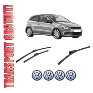 Set 3 stergatoare Volkswagen POLO V (6R1, 6C1) din 2009-2022, pentru parbriz si luneta fata si spate auto, Bosch Aerotwin-Aerotwin Retrofit, din cauciuc siliconat rezistent, 4 Stickere Auto Volkswagen