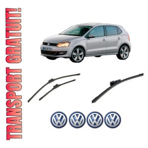 Set 3 stergatoare Volkswagen POLO Van V (6R1, 6C1) din 2009-2017, pentru parbriz si luneta fata si spate auto, Bosch Aerotwin-Aerotwin, din cauciuc siliconat rezistent, 4 Stickere Auto Volkswagen