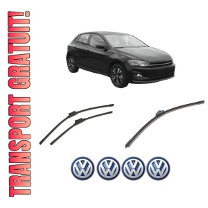 Set 3 stergatoare Volkswagen POLO VI (AW1, BZ1, AE1) din 2017-2021, pentru parbriz si luneta fata si spate auto, Bosch Aerotwin-Aerotwin, din cauciuc siliconat rezistent, 4 Stickere Auto Volkswagen