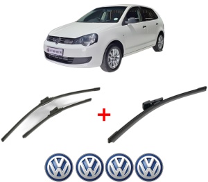 Set 3 stergatoare Volkswagen POLO VIVO Hatchback (6S1, 6S3) din 2010 - 2019, pentru parbriz si luneta fata si spate auto, Bosch Aerotwin, din cauciuc siliconat rezistent, 4 Stickere Auto VW v6065