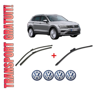 Set 3 stergatoare Volkswagen TIGUAN SUV Van (AD1) din 2016 - 2020, pentru parbriz si luneta fata si spate auto, Bosch Aerotwin, din cauciuc siliconat rezistent, 4 Stickere Auto VW