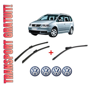 Set 3 stergatoare Volkswagen TOURAN (1T3) din 2010 - 2015, pentru parbriz si luneta fata si spate auto, Bosch Aerotwin, din cauciuc siliconat rezistent, 4 Stickere Auto VW