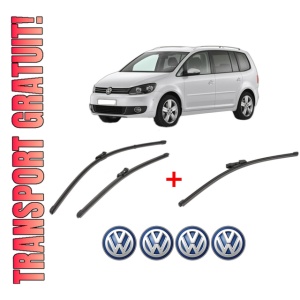 Set 3 stergatoare Volkswagen TOURAN VAN (1T3) din 2010 - 2015, pentru parbriz si luneta fata si spate auto, Valeo Silencio Xtrm, din cauciuc siliconat rezistent, 4 Stickere Auto VW