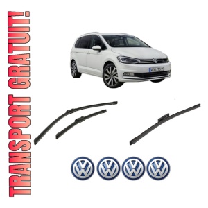 Set 3 stergatoare Volkswagen TOURAN VAN (5T1) din 2020, pentru parbriz si luneta fata si spate auto, Bosch Twin-Aerotwin, din cauciuc siliconat rezistent, 4 Stickere Auto Volkswagen