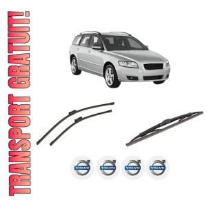 Set 3 stergatoare VOLVO V50 (545) din 2003-2012, pentru parbriz si luneta fata si spate auto, Bosch Twin-Aerotwin, din cauciuc siliconat rezistent, 4 Stickere Auto VOLVO