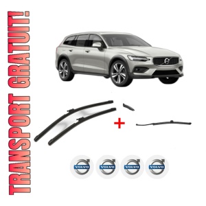 Set 3 stergatoare VOLVO V60 II Cross Country (227) din 2018 - 2021, pentru parbriz si luneta fata si spate auto, Valeo AquaBlade, din cauciuc siliconat rezistent, 4 Stickere Auto VOLVO