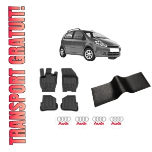 Set 5 covorase auto AUDI A1 din 2014-2018, cu covoras tunel median, presuri auto din cauciuc, 4x Stickere auto cu AUDI