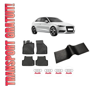 Set 5 covorase auto AUDI A3 (8V1, 8VK) din 2001-2009, cu covoras tunel median, presuri auto din cauciuc, 4x Stickere auto cu AUDI