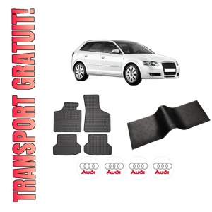 Set 5 covorase auto AUDI A3 Sportback (8PA) din 2009-2014, cu covoras tunel median, presuri auto din cauciuc, 4x Stickere auto cu AUDI
