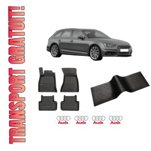 Set 5 covorase auto AUDI A4 B9 Avant (8W5, 8WD) din 2016-2021, cu covoras tunel median, presuri auto din cauciuc, 4x Stickere auto cu AUDI