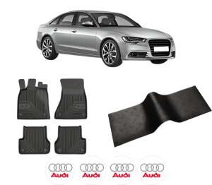 Set 5 covorase auto AUDI A6 C7 (4G2, 4GC) din 2015-2022, cu covoras tunel median, presuri auto din cauciuc, 4x Stickere auto cu AUDI - Img 2