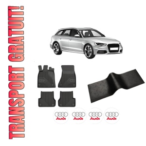 Set 5 covorase auto AUDI A6 C7 Avant (4G5, 4GD) din 2015-2022, cu covoras tunel median, presuri auto din cauciuc, 4x Stickere auto cu AUDI