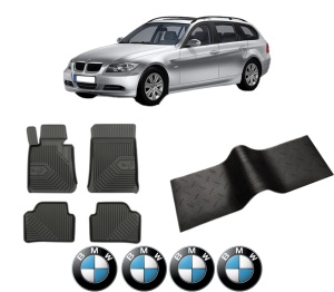 Set 5 covorase auto BMW Seria 3 Touring (E91) din 2008-2018, cu covoras tunel median, presuri auto din cauciuc, 4x Stickere auto cu BMW - Img 2