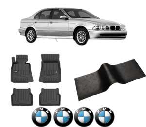 Set 5 covorase auto BMW Seria 5 (E39) din 2016-2020, cu covoras tunel median, presuri auto din cauciuc, 4x Stickere auto cu BMW - Img 2