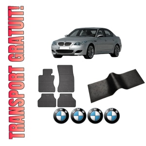 Set 5 covorase auto BMW Seria 5 (E60) din 2006-2015, cu covoras tunel median, presuri auto din cauciuc, 4x Stickere auto cu BMW