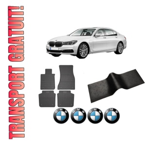 Set 5 covorase auto BMW Seria 7 (G11, G12) din 2007-2018, cu covoras tunel median, presuri auto din cauciuc, 4x Stickere auto cu BMW