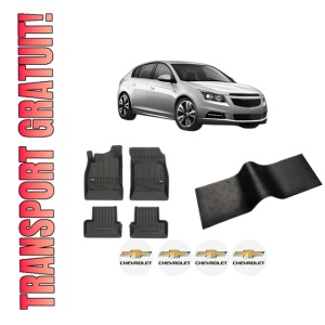 Set 5 covorase auto CHEVROLET CRUZE Hatchback (J305) din 2001-2010, cu covoras tunel median, presuri auto din cauciuc, 4x Stickere auto cu CHEVROLET