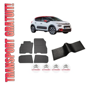 Set 5 covorase auto CITROEN C3 III (SX) din 2019-2023, cu covoras tunel median, presuri auto din cauciuc, 4x Stickere auto cu CITROEN