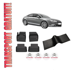 Set 5 covorase auto CITROEN C5 III (RD_) din 2016-2021, cu covoras tunel median, presuri auto din cauciuc, 4x Stickere auto cu CITROEN