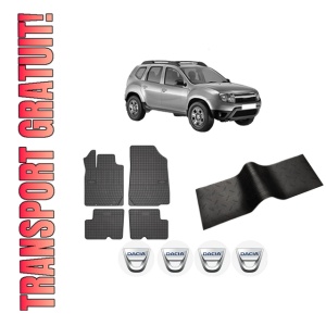 Set 5 covorase auto DACIA DUSTER (HS_) din 2010-2018, cu covoras tunel median, presuri auto din cauciuc, 4x Stickere auto cu DACIA