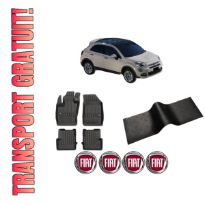 Set 5 covorase auto FIAT 500X (334_) din 2010-2018, cu covoras tunel median, presuri auto din cauciuc, 4x Stickere auto cu FIAT