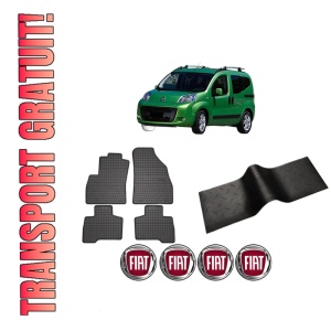 Set 5 covorase auto FIAT QUBO (225_) din 2016-2023, cu covoras tunel median, presuri auto din cauciuc, 4x Stickere auto cu FIAT