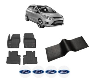 Set 5 covorase auto FORD C-MAX II (DXA/CB7, DXA/CEU) din 2007-2014, cu covoras tunel median, presuri auto din cauciuc, 4x Stickere auto cu FORD - Img 2