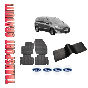 Set 5 covorase auto FORD GALAXY II (WA6) din 2007-2018, cu covoras tunel median, presuri auto din cauciuc, 4x Stickere auto cu FORD